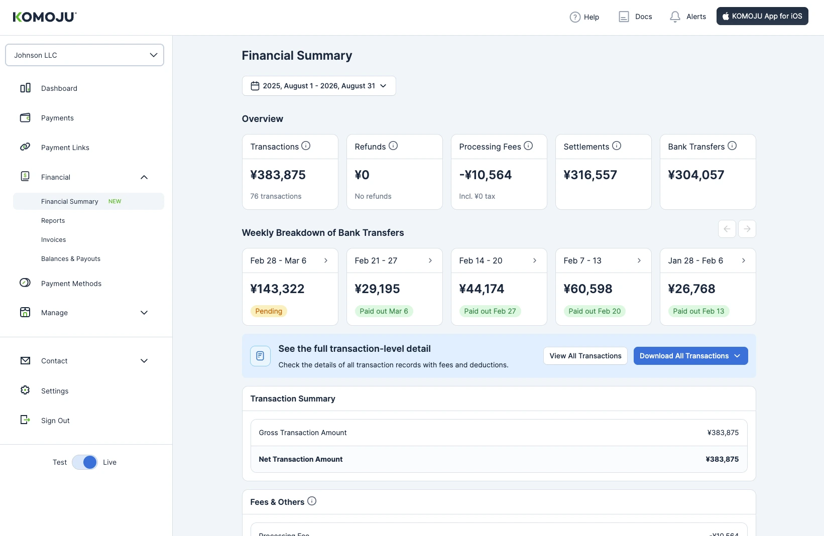 Financial Summary page showing the Overview cards, the Weekly Breakdown of Bank Transfers, the transaction detail banner, and the Transaction Summary and Fees & Others sections