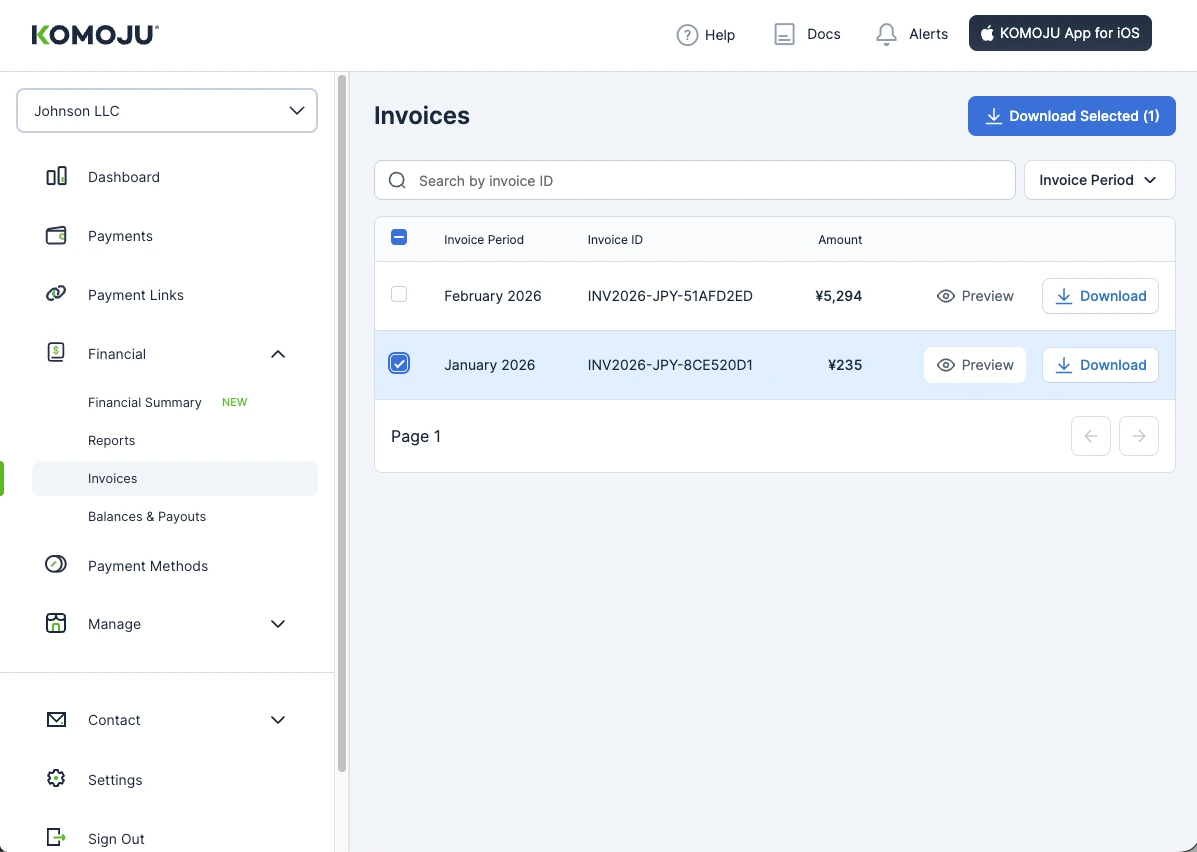 Invoices page with invoice ID search, the Invoice Period filter, invoice amounts, and one invoice selected for download