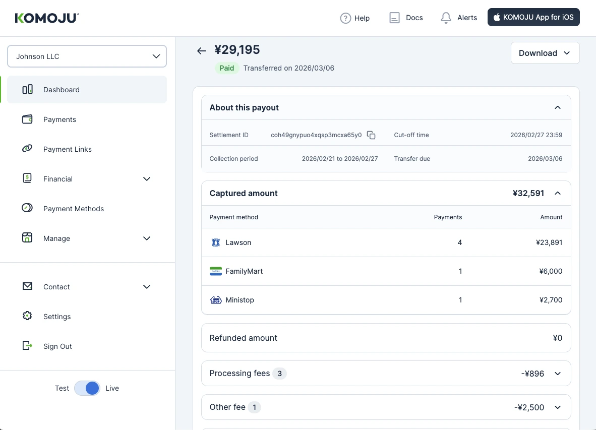 Settlement Details page showing a paid payout with the About this payout section, captured amounts by payment method, refunded amount, processing fees, and other fees