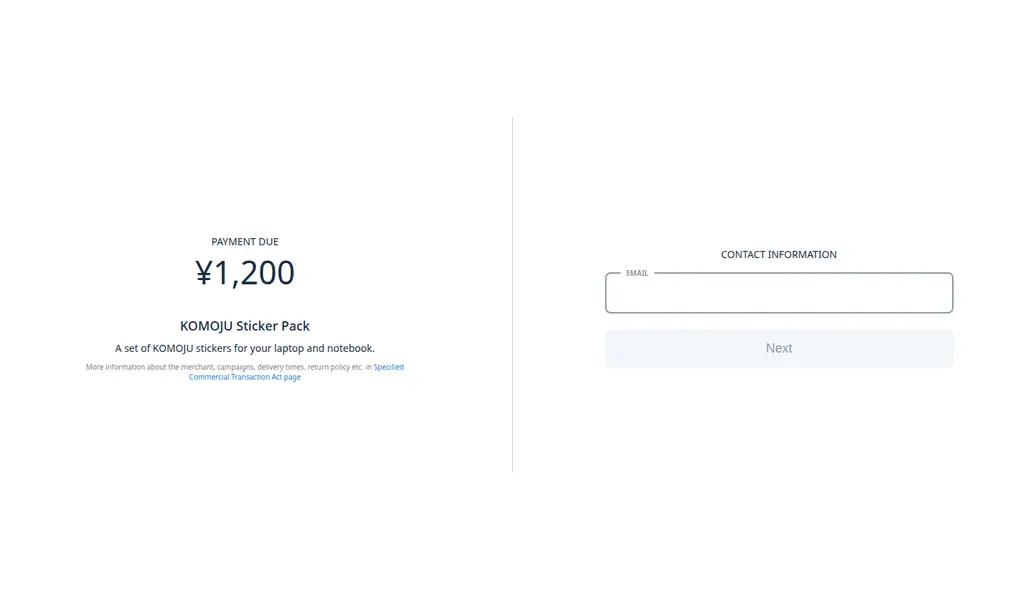 Checkout screen showing the purchase amount, the item, and a contact information field